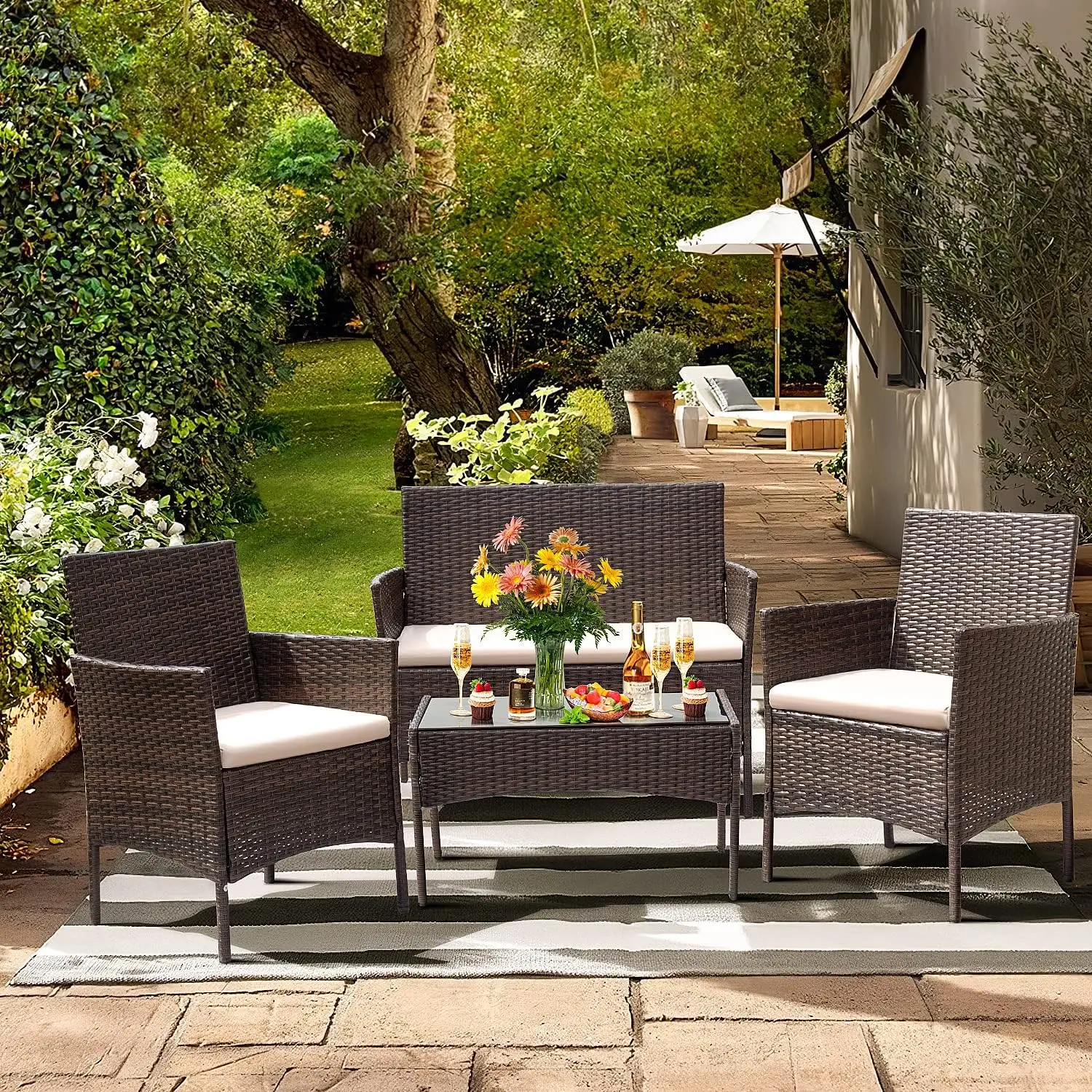 

4 Pieces Conversation Sets Outdoor Wicker Chairs Garden Backyard Balcony Porch Poolside loveseat with Cushion and Glass Table