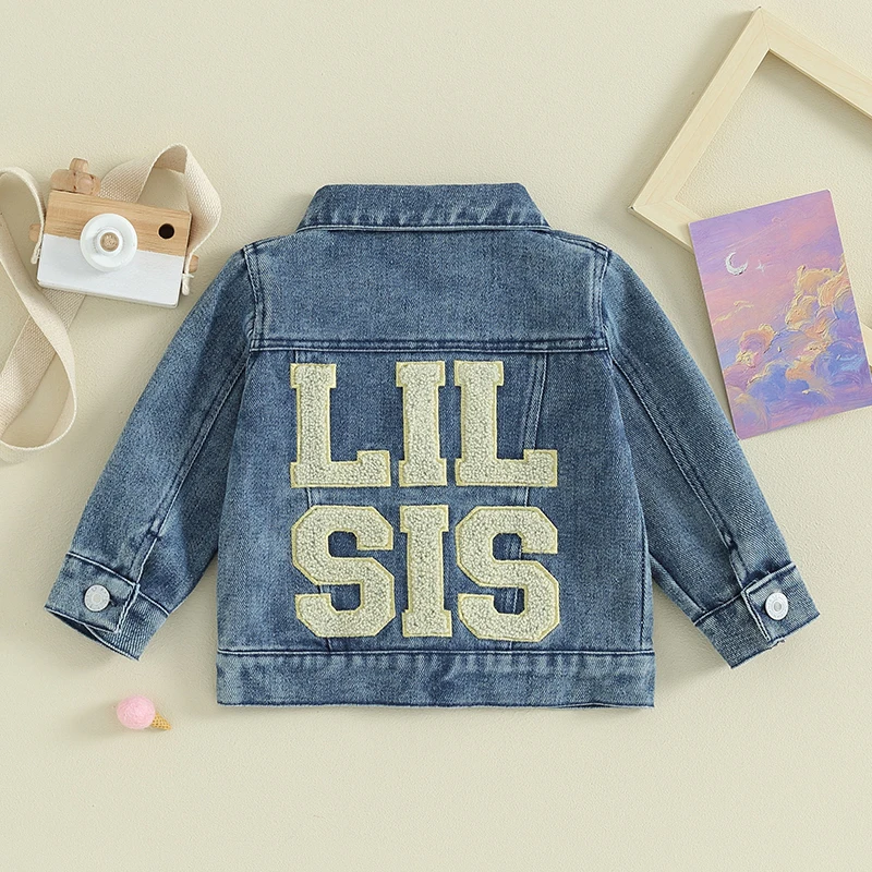 -10-10 Lioraitiin 0-5Y Baby Girl Denim Jackets Sister Matching Long Sleeve Letter Embroidery Jean Coats Infant Outerwear baby jacket,baby coat,children jacket