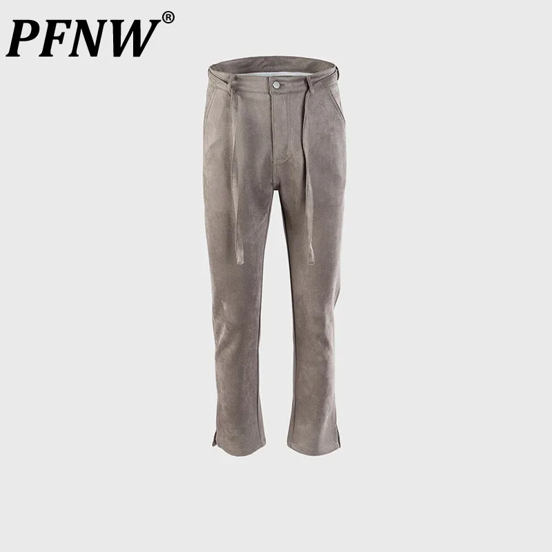 

PFNW Men's Tide Spring Summer New Urban Suede Drawstring Slim Casual Pants Women's High Street Chic Split Hem Trousers 12Z5403