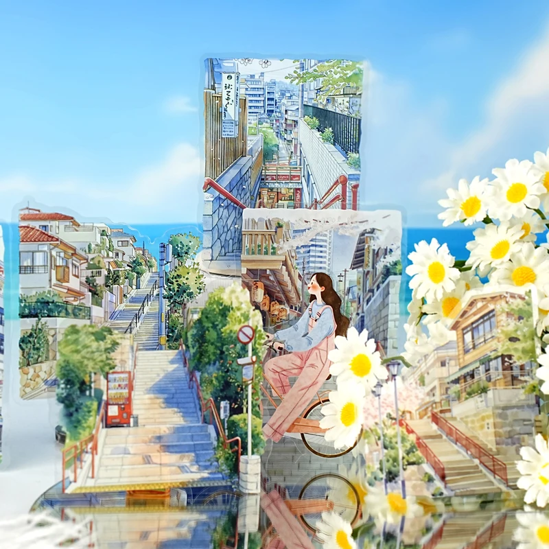 Mr.Paper 4팩 PET 스티커, 미적 도시 풍경 디오라마 스티커, 저널 스크랩북킹 DIY 커피컵 휴대폰 케이스용