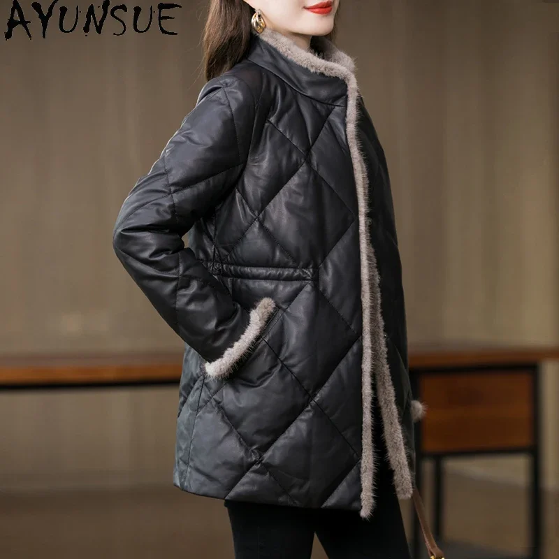 

AYUNSUE Genuine Sheepskin Leather Jackets for Women 2023 New Winter Real Leather Jacket Mid-length Down Coats Mink Fur Collar