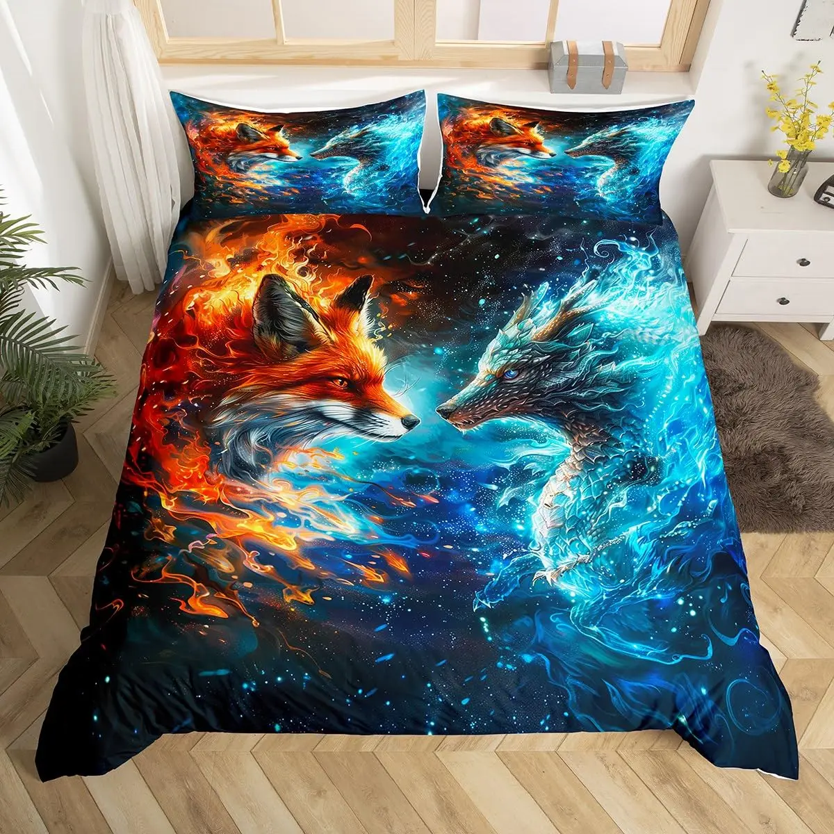 Kids Fox Bedding Set Toddler Natural Floral Comforter Cover Set for Boys Girls Blossom Flowers Pattern Duvet Cover 4