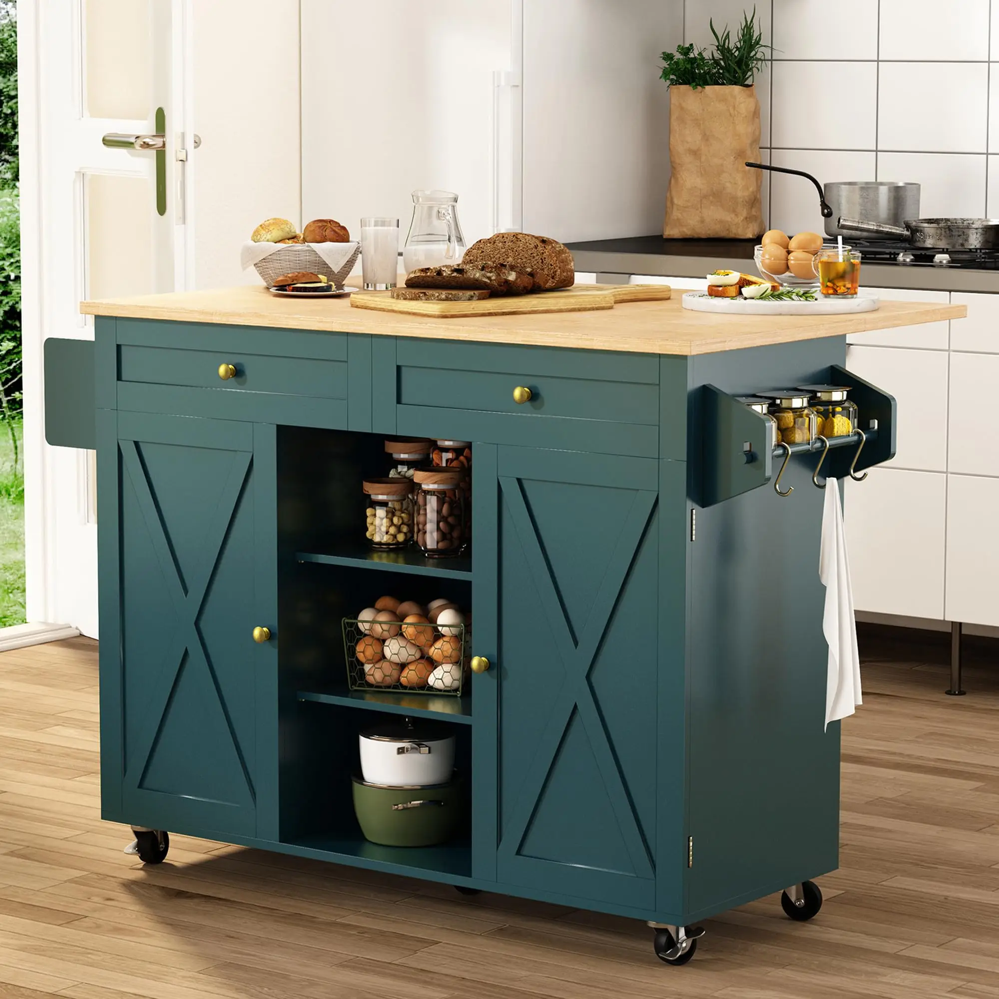 Rolling Kitchen Island Cart with Drop Leaf Countertop, Barn Door Kitchen Island Table with Storage Cabinet and Tower Rack