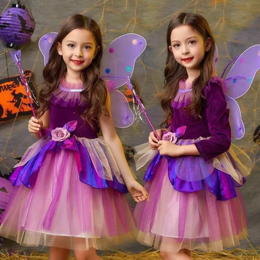 

4pcs Set Girls Carnival Princess Kids Dress Up Clothes with Wand Wing Pumpkin Bag Halloween Cosplay Children Witch Costume