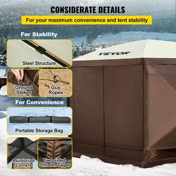 Waterproof Screen Shelter w/Portable Storage Bag 8 Person Camping 6 Sided Pop-up Canopy Screen Tent 10'x10' Camping Gazebo Tent 5