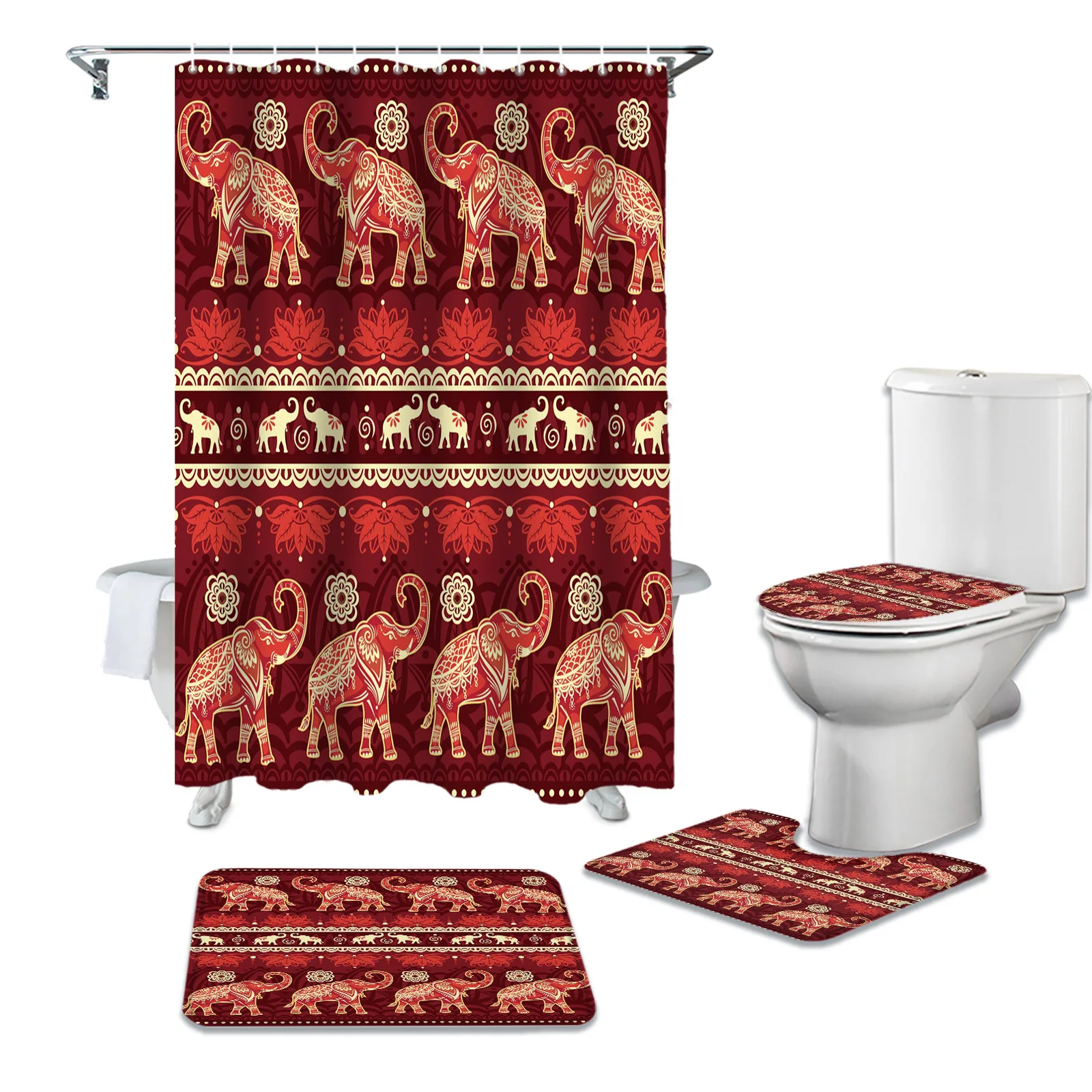 Elephant Indian Flower Shower Curtain Set for Bathroom Toilet Cover
