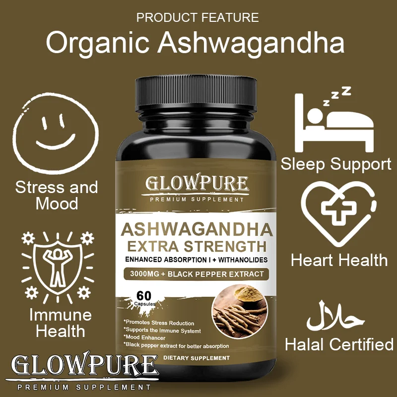 Ashwagandha Capsules Relieves Anxiety Stress Enhance Stamina Energy Focus Non GMO Vegan Supplement