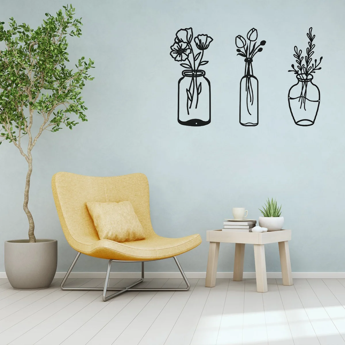 

3pcs Metal Flower Home Decor, Minimalist Vase Wall Hanging Art Black Tulip Wire Decor, Floral Wall Sculpture Kitchen Bathroom Ho