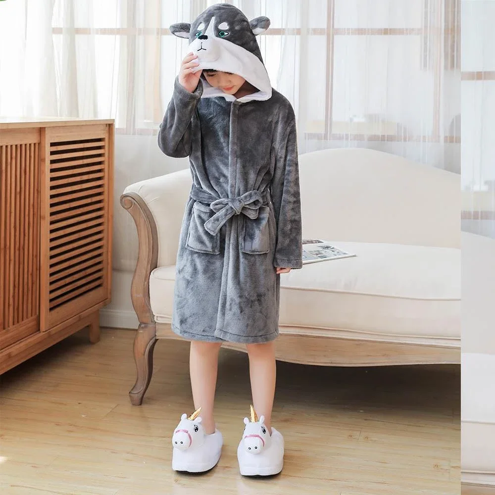 Winter Wolf Children's Bathrobe Clothing for Girls Kids Pajamas Unicorn Kigurumi Hooded Bath Robe Flannel Warm Bath Towels