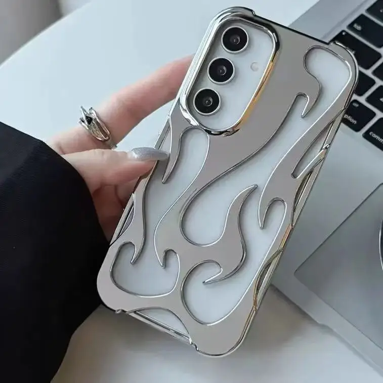 Luxury Plating Hollow 3D Flame Pattern Shockproof Soft Phone Case