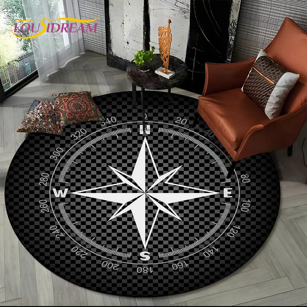 3D Retro Round Non-Slip Circle Area Rug, Tapete para sala de estar, Quarto, Almofada do pé do sofá, Tapete de chão, Presente, Série Bússola