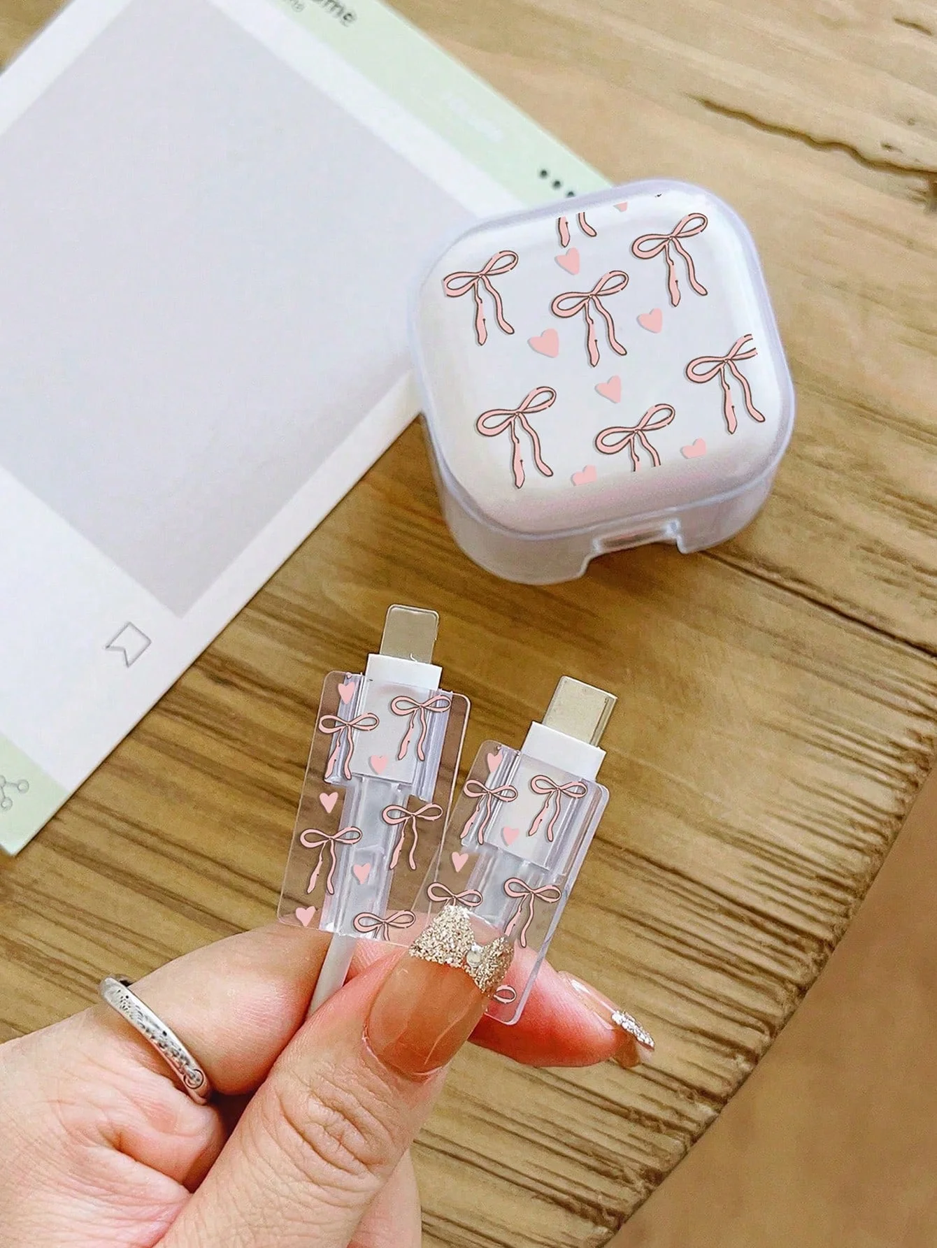 3-Piece Pink Bow Cable Protector and Organizer Set