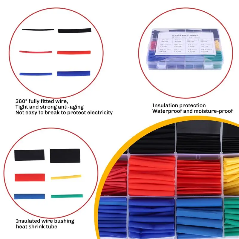 AEE9-560PCS 열수축 튜브, 전선 케이블 랩 모음 전기 절연 열수축 튜브 키트(박스 포함)