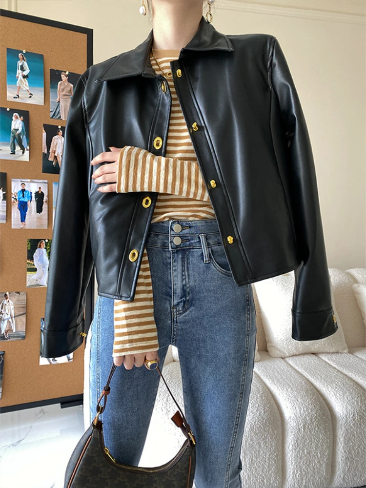 

Autumn and Winter Women's Coat Retro High Street Lapel PU Leather Jacket Short Black Leatherette Jacket 2023 New