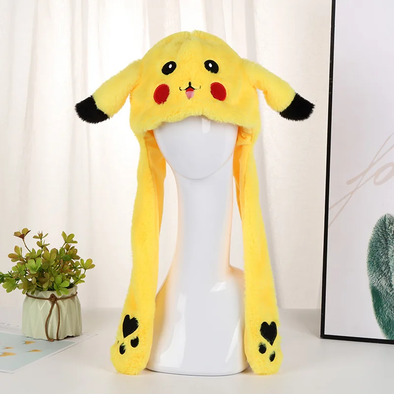 Pokemon Pikachu Plush Hat Kawaii Cartoon Pikachu Bunny Ears Hat Flashing Ear Moveable Plush Doll Creative Birthday Gift For Girl