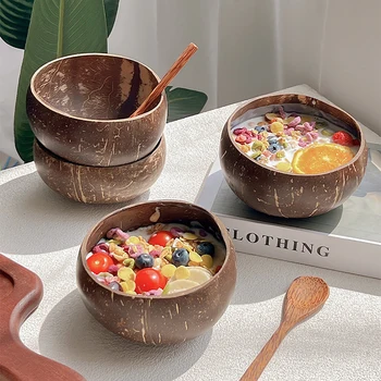 Set di ciotole e cucchiai in guscio di cocco naturale per piatti da portata, insalata, stoviglie da cucina riutilizzabili in legno, ciotole di cocco, ciotola di frutta 1