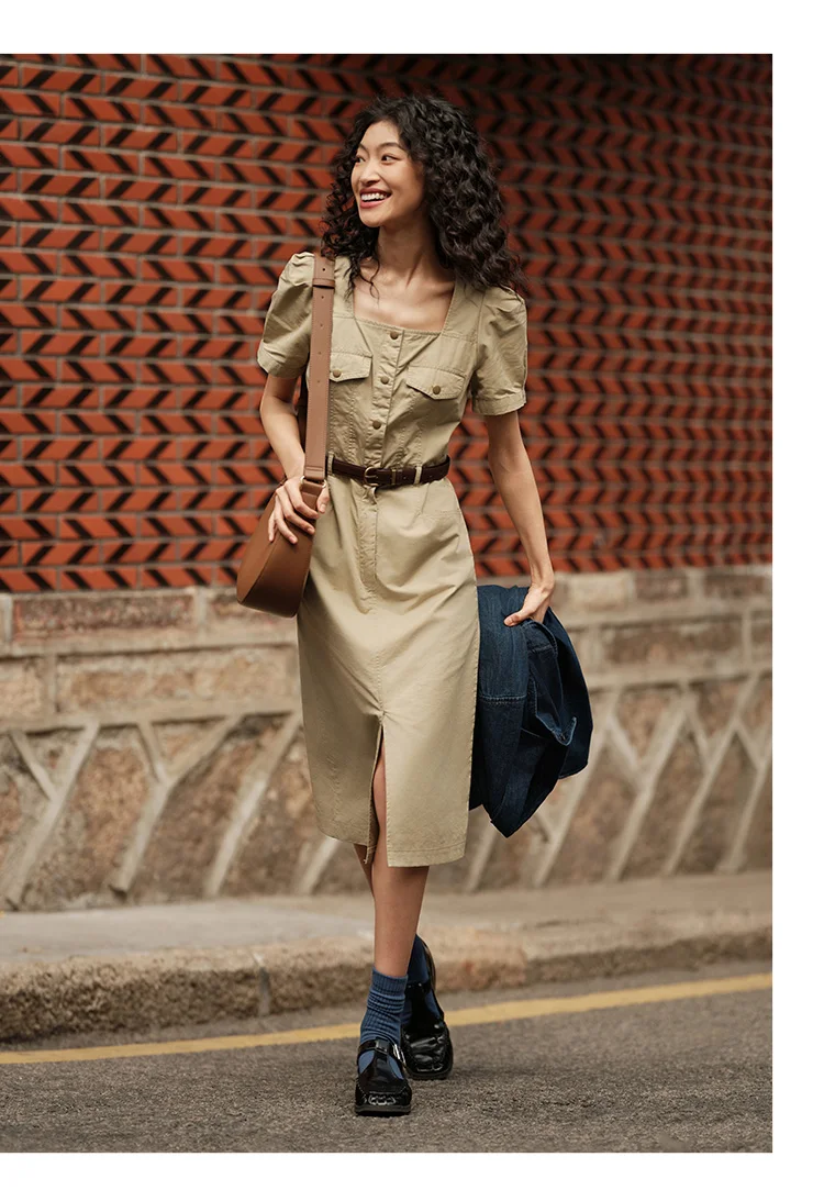 Dress Women Square Neck Split Midi Dress Summer New Salt-Washed Utility Dress With Vintage Vibes