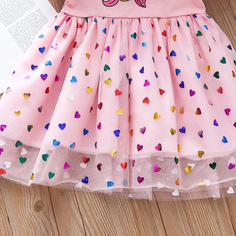 Summer Girls Dress Cotton Lovely Cartoon Unicorn Splicing Mesh Princess Girl Birthday Party Dresses Baby Casual Clothes 2022 New frock designs