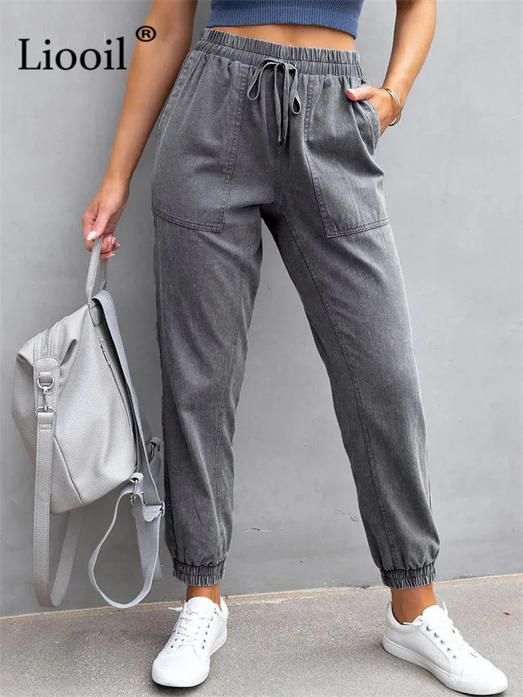 

90s Streetwear Boyfriend Elastic Waist Jeans Gray Cargo Pants Women High Waist Slacks With Pockets Stretch Jean Denim Trousers