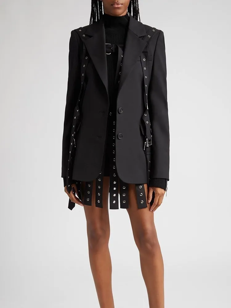 TWOTWINSTYLE Solid Patchwork Belts Blazers For Women Notched Collar Long Sleeve Patchwork Single Breasted Chic Blazer Female New 4
