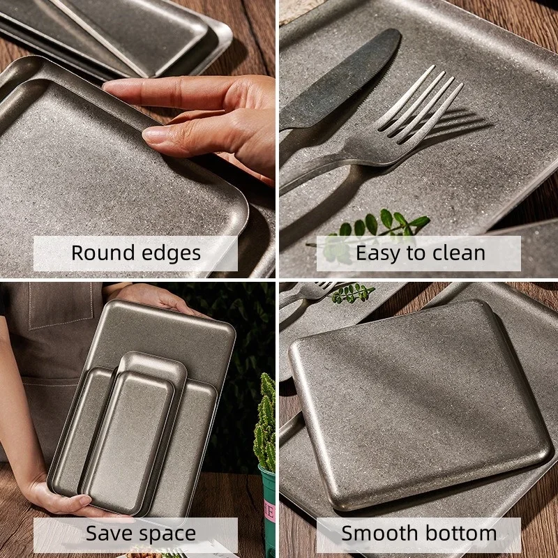 Retro 304 Stainless Steel Snowflake Silver Square Tray Steak Plate Rounded Edge Dinner plate Dessert Grill Tray Decorative trays dining dish,decorative tray