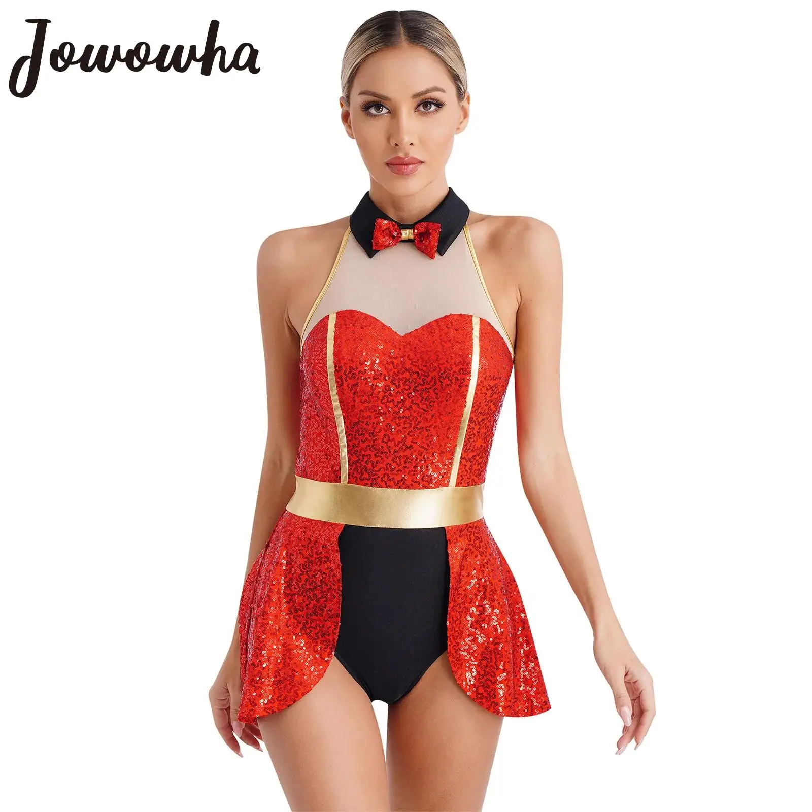 

Womens Circus Ringmaster Cosplay Costume Halloween Carnivals Theme Party Dress Up Shiny Sequins Bowtie Sleeveless Leotard Dress