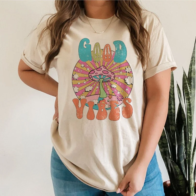 

Kuakuayu HJN Летняя женская Милая эстетика TopsGood Vibes гриб цветочный принт рубашка для женщин 70s ретро хиппи психоделическая футболка