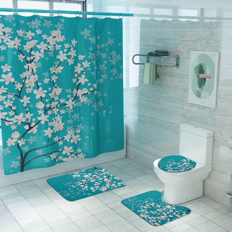 

Creative Apricot Blossom Cherry Home Decor Bathroom Toilet Cover Sets Waterproof Shower Curtain Home Textile Mats Carpet Suits