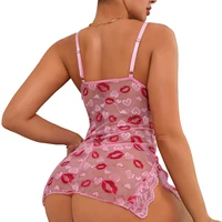 Women Pink Lips Love Print Nightdress Sexy Lace Bow Adult Dress Babydoll Sex Sleepdress And Thongs Lingerie Sets Erotic Outfits