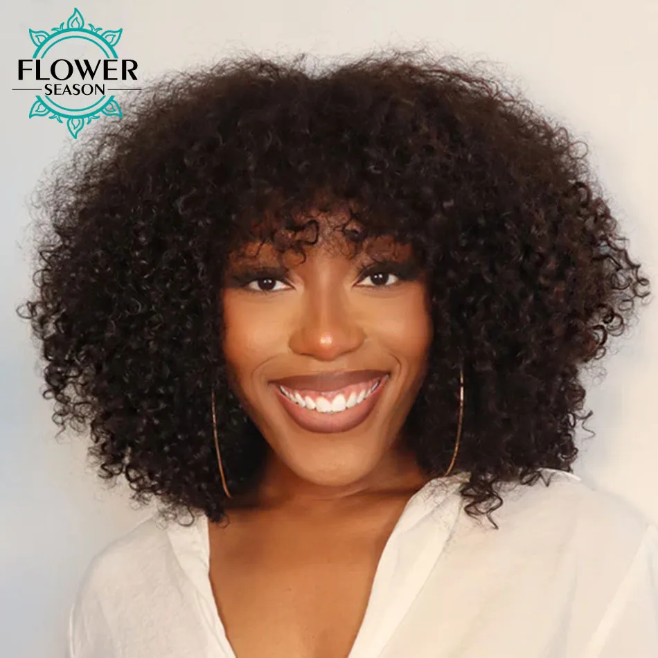 

Curly Bang Wig Human Hair Curly Human Hair Wig With Bangs 200%Density Glueless Full Machine Made Kinky Curly Wig Peruvian Hair