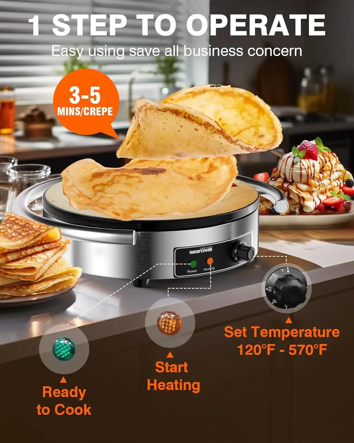 Commercial Electric Crepe Maker 16 Inch 110V Non-Stick 1700W Electric Crepe Machine Adjustable Temperature Control 403 Stainless 4
