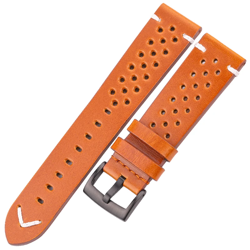Vintage-Style Handmade Oil Wax Genuine Leather Watch Band for Men - Available in Black, Brown, Yellow, and Green