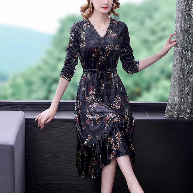 Black Natural Silk Velvet Dress Large Size Maxi Dress Autumn Korean Vintage  Casual Dress Women Elegant Bodycon Dress - AliExpress 200000345