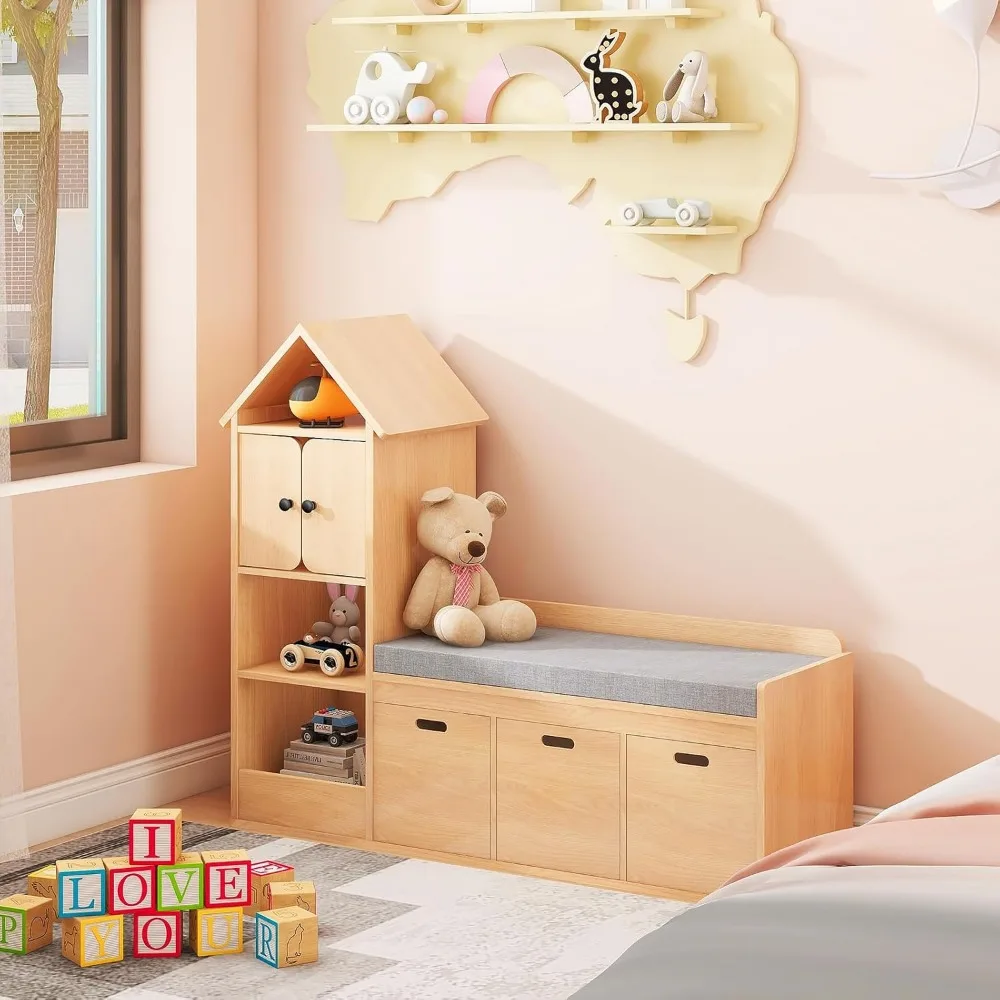 Kids Bookcase and Bookshelf with Reading Nook, Multifunctional Bookcase with 3 Open Storage Cubbies and 3 Drawers