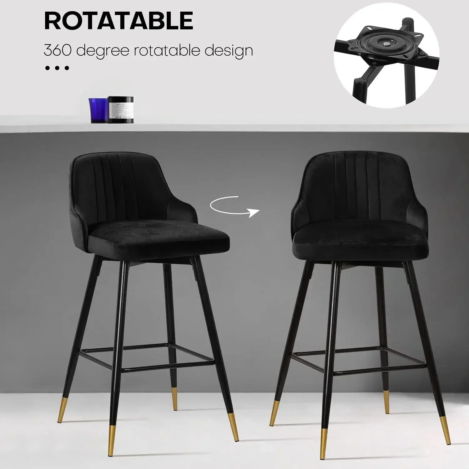 Bar Stools Set of 4, 25.6" Seat Height Bar Chairs,Swivel Barstools Counter Height Bar Stools with Back,Modern Velvet Upholstered