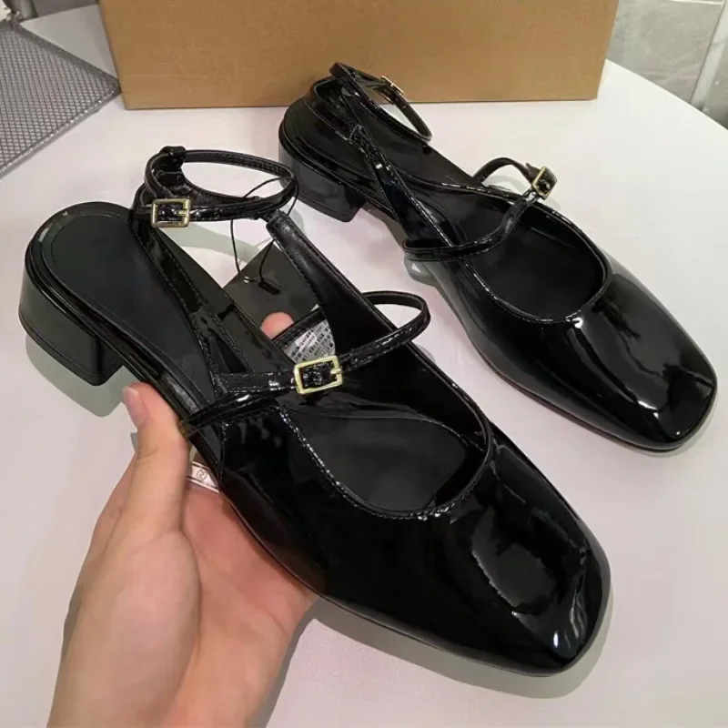 Women's Office Shoes Black Leather Square Toe Outdoor Casual Slingbacks Ankle Strap Summer Heeled Sandals