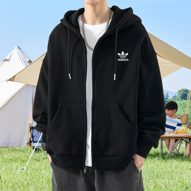Adidas Hoodies Men and Women Oversize Comfortable Zipper Regular Style Hooded Cardigan Sweatshirts Black/Beige/Grey