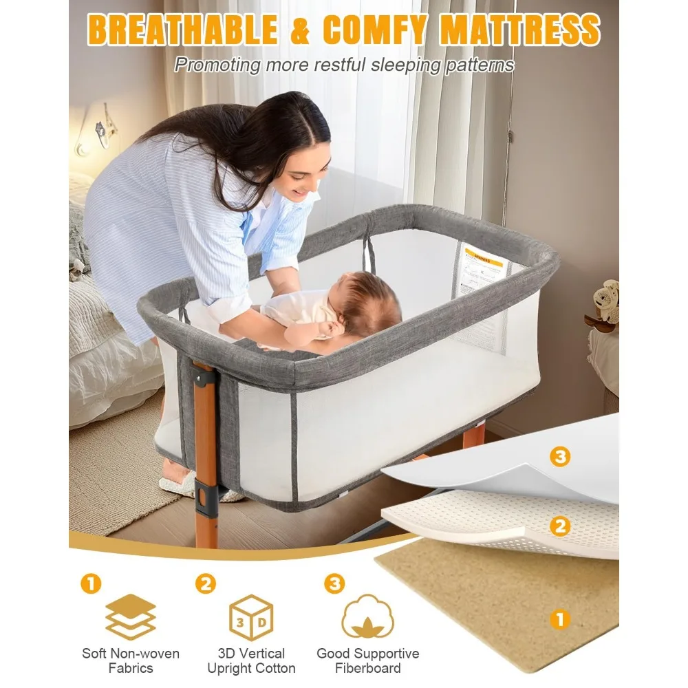 Baby Bassinet Bedside Bassinet, Baby Cradle with Machine-Washable Sheets, Four-Sided Breathable Mesh, 6 Height Adjustable 3