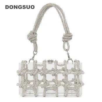 매듭 손잡이 모조 다이아몬드 이브닝 아크릴 클러치 백, 디자이너 클리어 숄더백, 크리스탈 다이아몬드 디너 파티 웨딩 지갑
