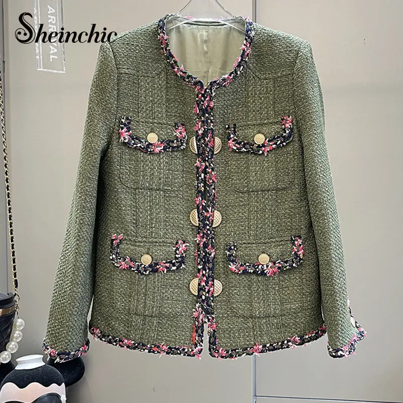 Vintage Army Green Tweed Jacket for Women 2023 Spring Autumn Elegant
