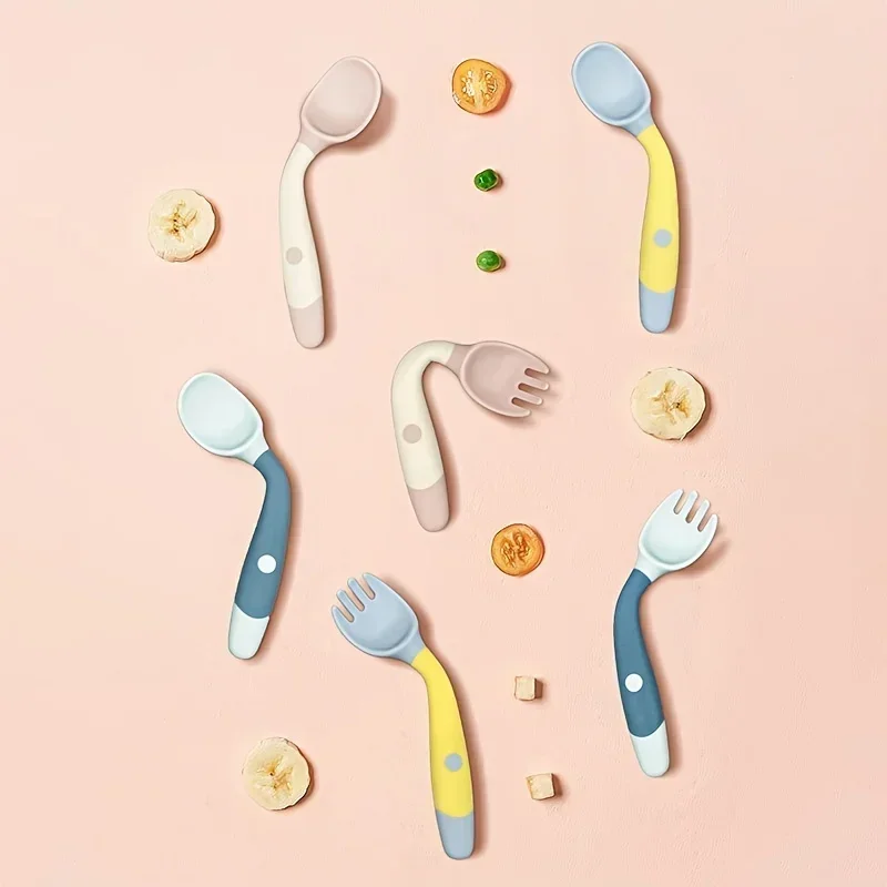 1 Pair Silicone Spoon for Baby Bendable Soft Fork Children Feeding Training Tableware Silicone Soft Fork Spoon Set Tableware 5