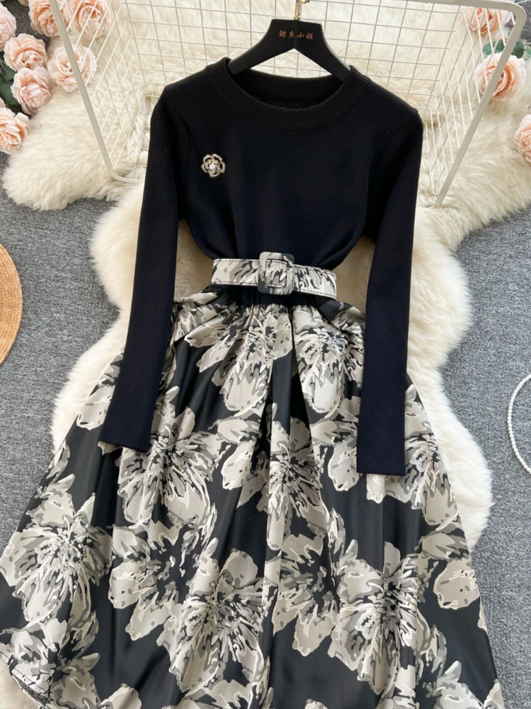 Spring Autumn Vintage Dress Women Fake Two-piece Knitted Long Sleeved  Patchwork Print Medium Length Dresses Ladies Elegant Robe - AliExpress  200000345