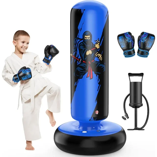 Kids 66 Inch Inflatable Punching Bag with Gloves for Ages 6 12 Boxing Karate Taekwondo Training