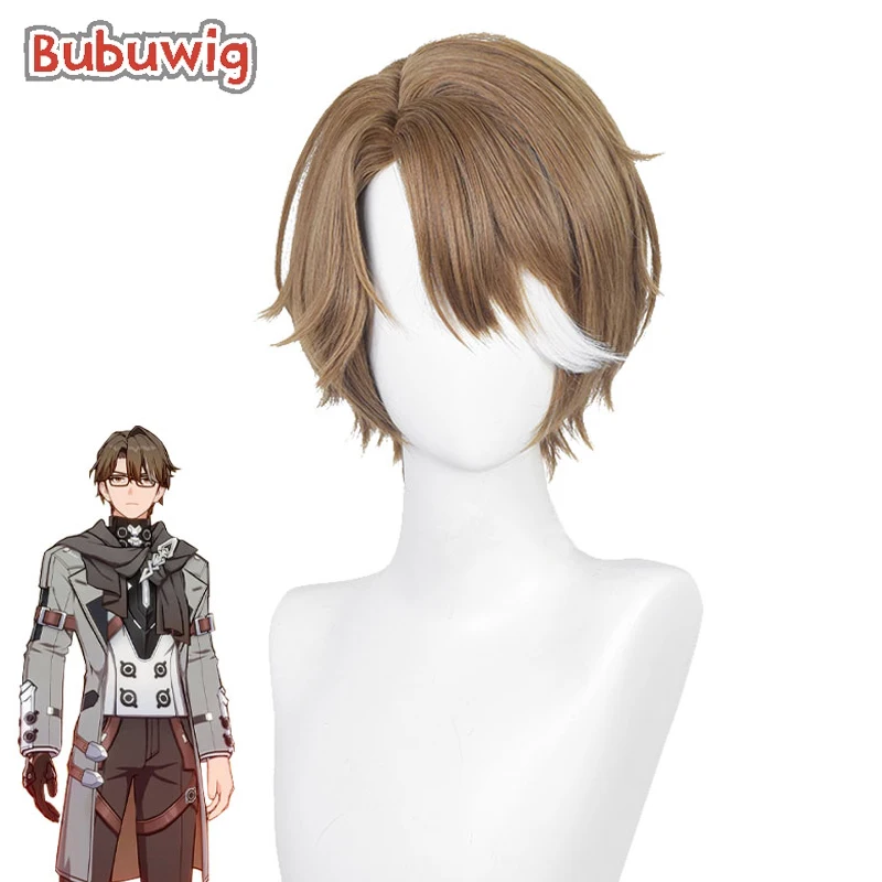 Bubuwig Synthetic Hair Welt Yang Cosplay Wigs Honkai: Star Rail Welt Yang 30cm Short Brown Mixed White Men Wig Heat Resistant