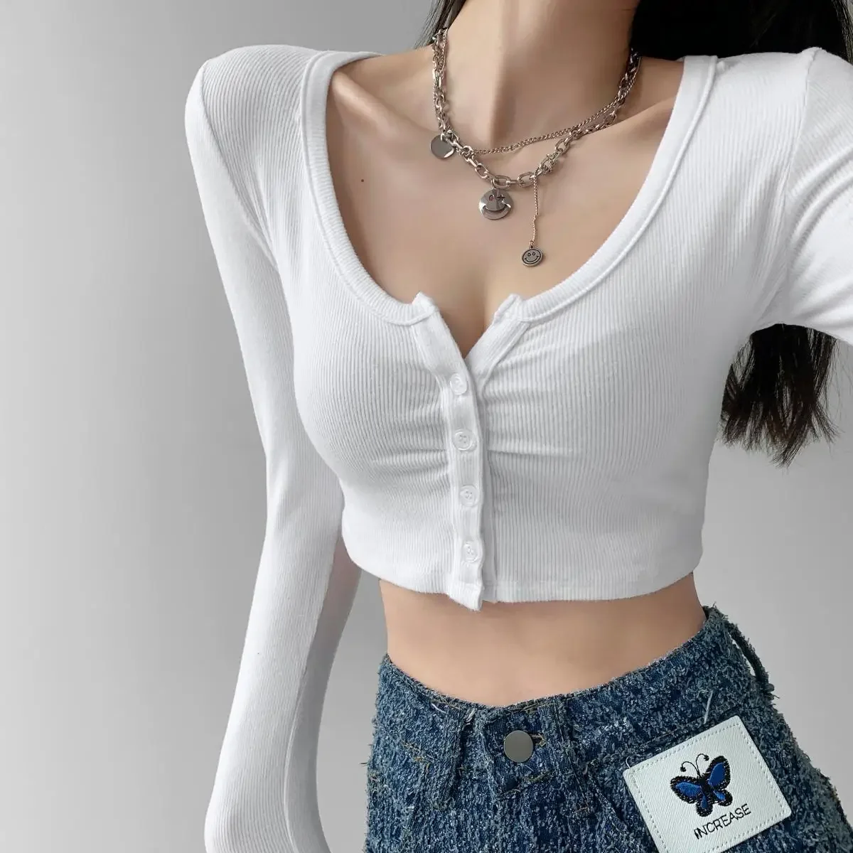 

2200 55 USD Women Long Sleeve Button T Shirt Spring Autumn Solid Slim etwear Crop Tops