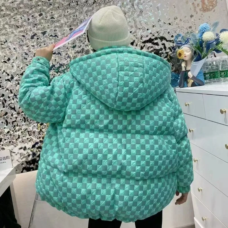 2023 Plaid Down Jacket Women's Short Thick Casual Loose White Duck Down Checkerboard Grid Winter Warm Hooded Jacket Foreign
