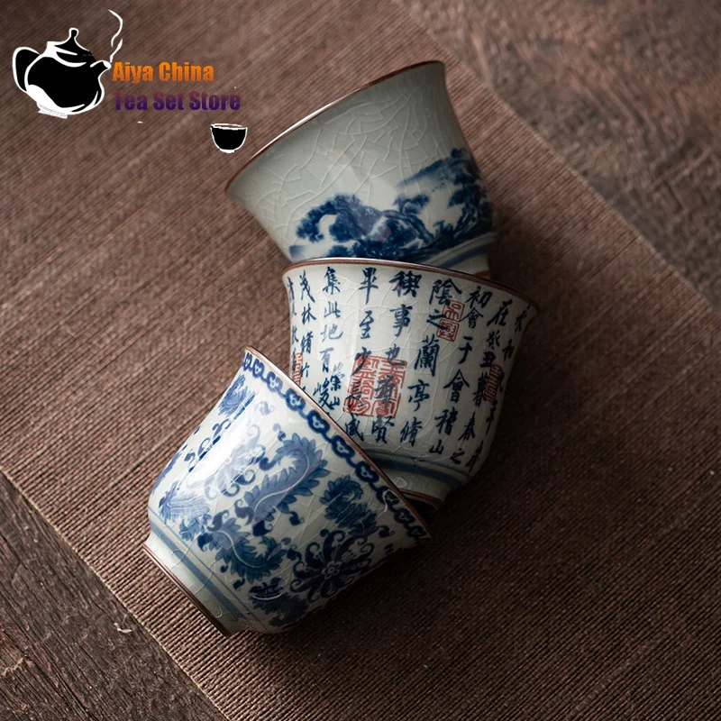 Tea Cup Antique Blue and White Ceramic Master Large Tea Bowl Single Kung Fu Set Chinese