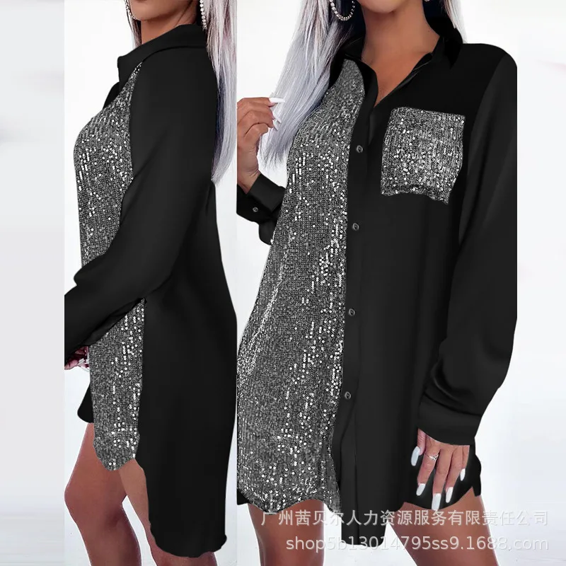 

2024 Spring Summer New Women's Satin Sequined Button Leopard Print Dress Multi-Color