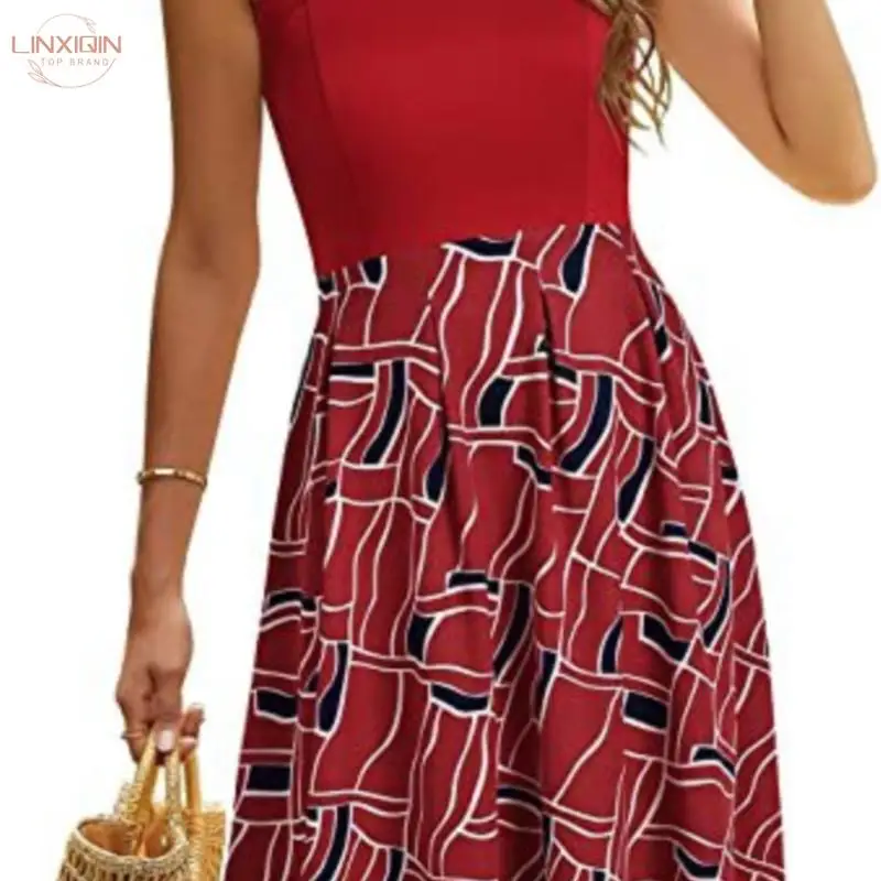 

Vintage Midi Dress Womens Spaghetti Strap Summer Dresses Fasion Flroal Printed Stitching Mid-waist Waist Sling Princess Dress