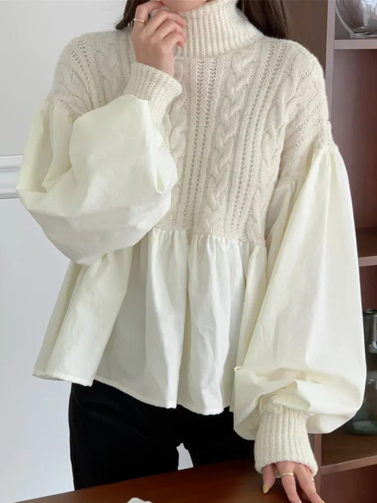 

Korean Style Knitted Patchwork Shirts Women Autumn Winter 2023 Turtleneck Sweater Tops Vintage Casual Knitwear Pullovers